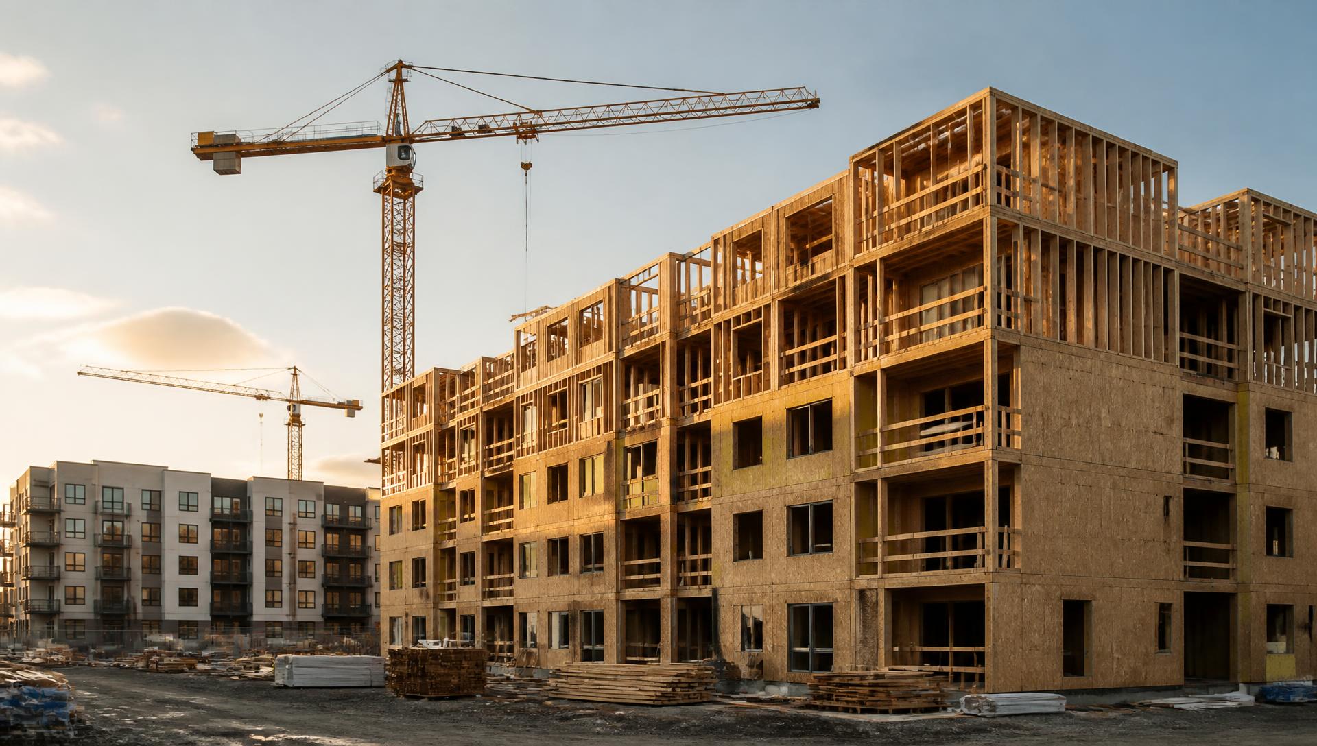 Multifamily housing development under construction at dusk